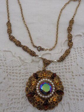 Vintage West Germany Topaz Rhinestone & Carnival Glass Filigree Necklace